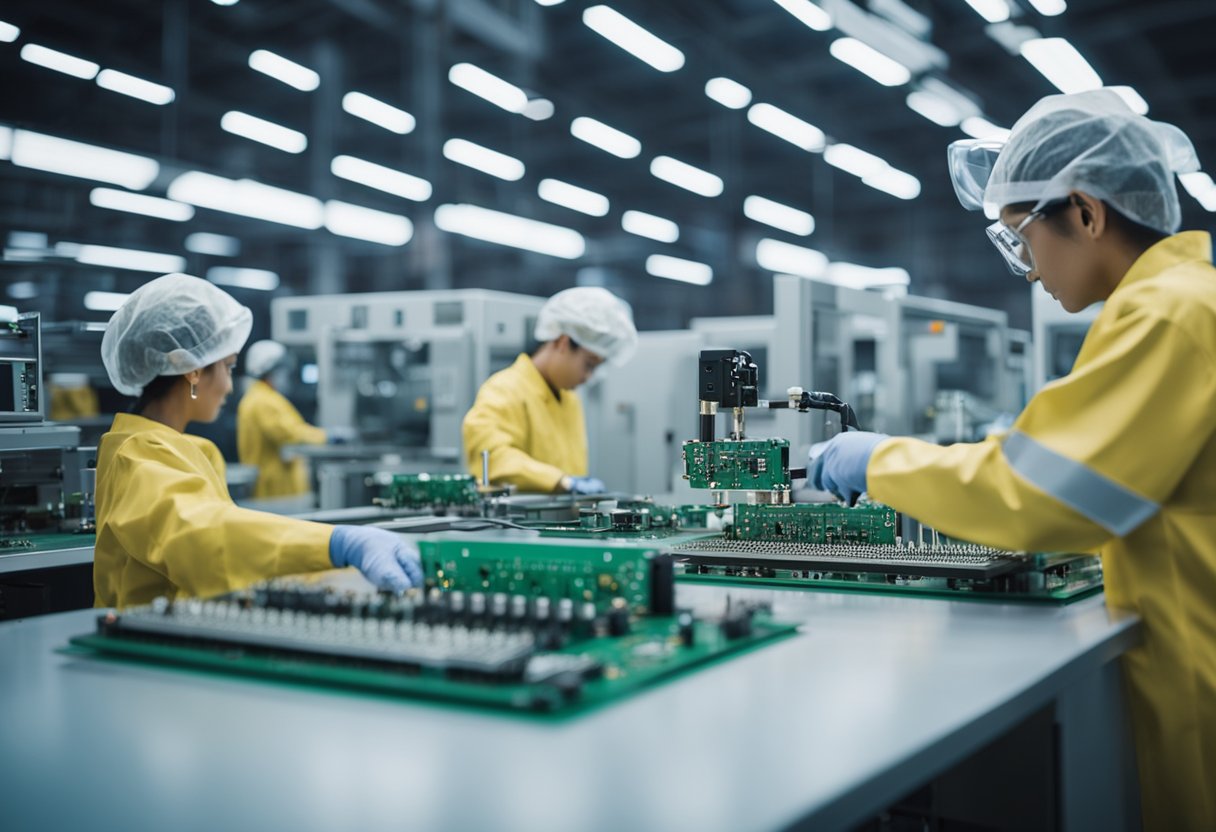 A bustling PCB assembly factory with robotic arms soldering, conveyor belts transporting components, and technicians inspecting circuit boards