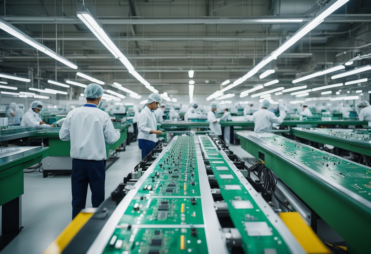 A bustling turnkey PCB assembly factory with rows of machines, conveyor belts, and workers assembling circuit boards