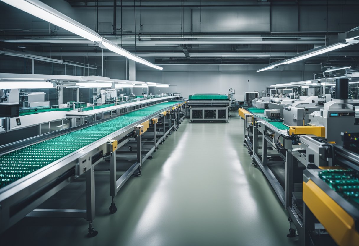 Machines assemble PCBs on conveyor belts in a brightly lit factory with rows of equipment and storage shelves