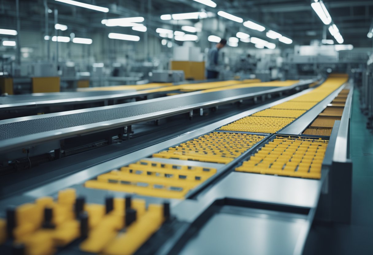 A conveyor belt moves PCBs through a factory. Machines fabricate and assemble components. Workers monitor the process