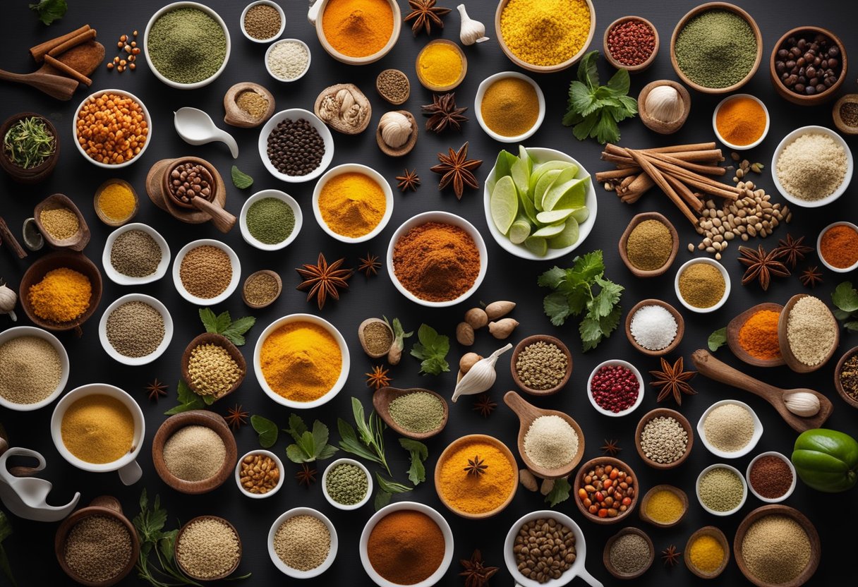 A colorful array of global ingredients and spices blend together in a vibrant kitchen setting, showcasing the fusion of diverse culinary traditions