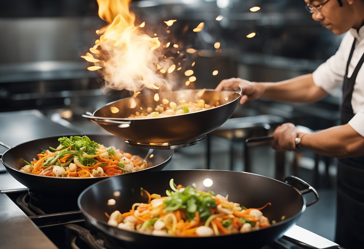 A sizzling wok tosses together vibrant ingredients from different cultures, creating a symphony of flavors and aromas. Steam rises as the fusion dish takes shape, blending traditional techniques with modern innovation