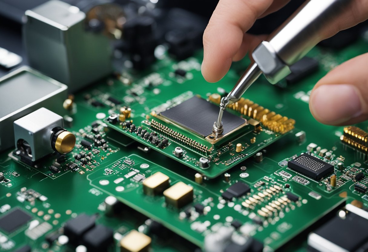 A printed circuit board (PCB) assembly process, with components being soldered onto the board using automated machinery