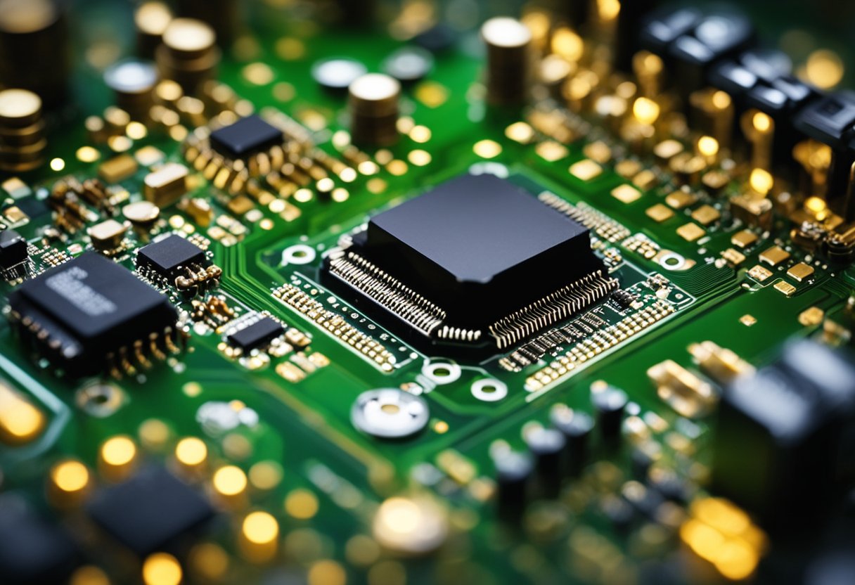 Components are placed on a printed circuit board. Solder is applied to connect the components. The board is then inspected for quality