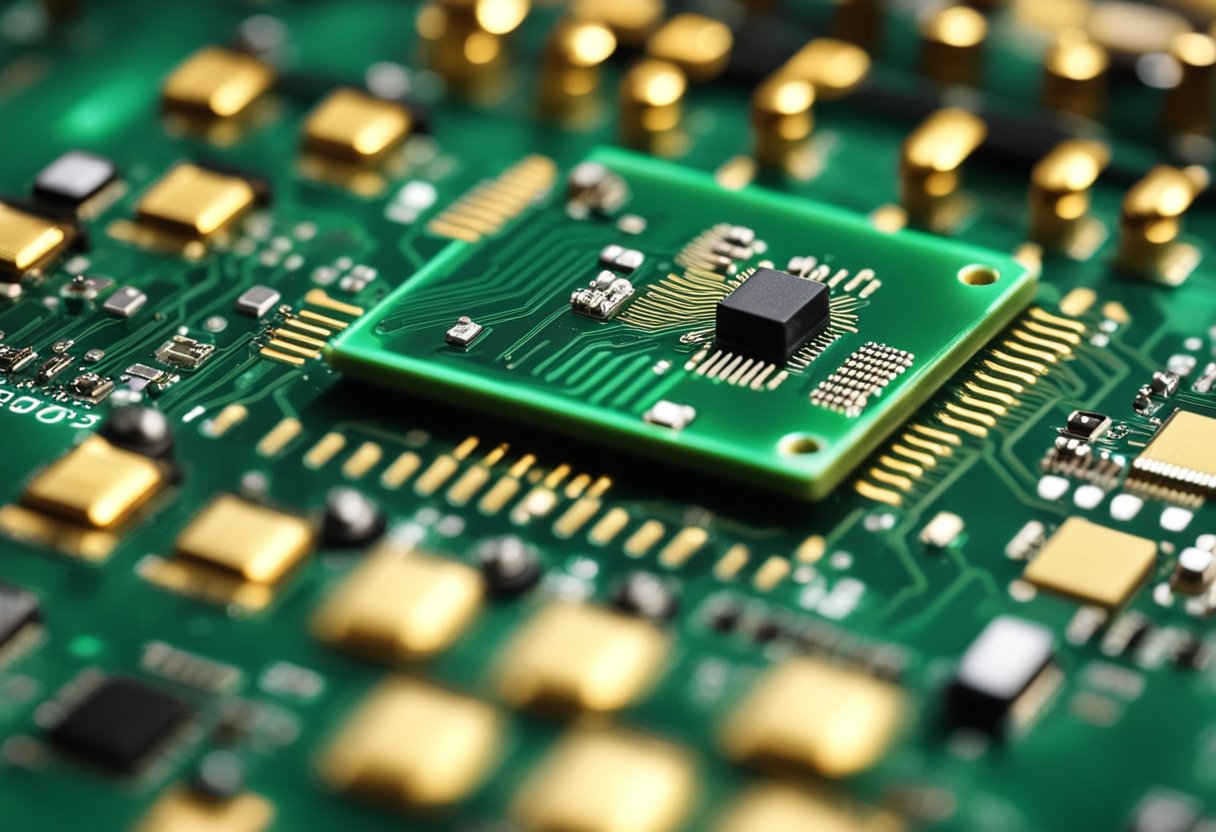 Various electronic components are being soldered onto a printed circuit board (PCB) using specialized equipment and tools