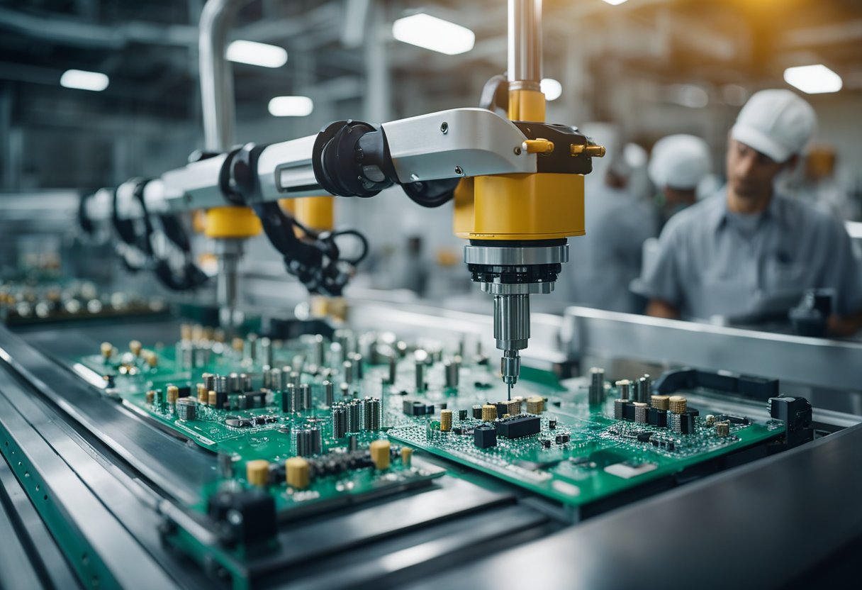 Robotic arms place components onto circuit boards on a conveyor belt in a brightly lit manufacturing facility. Soldering machines melt the connections, creating a seamless automated PCB assembly process