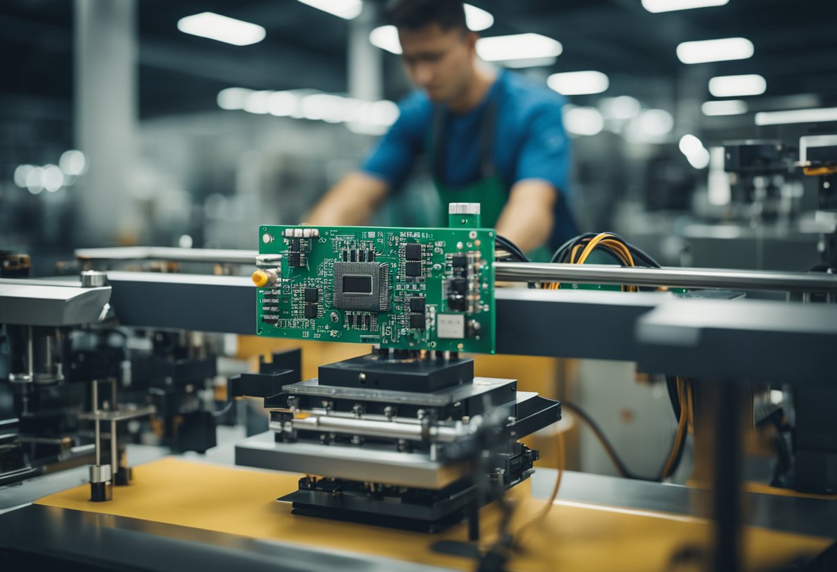 A PCB assembly machine rapidly produces circuit boards in a clean, well-lit industrial setting