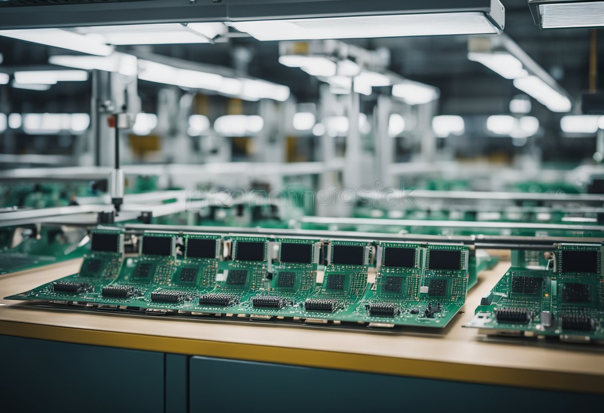 PCB assembly machines arranged in a production facility, with price tags displayed next to each machine