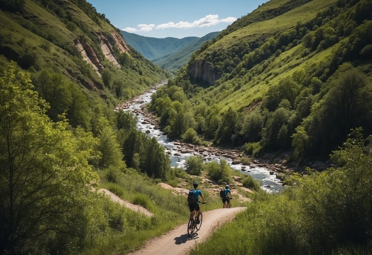 Lush green trees and rolling hills surround a winding river, with hikers and cyclists exploring the scenic trails. Rocky outcrops and a clear blue sky complete the picturesque outdoor scene