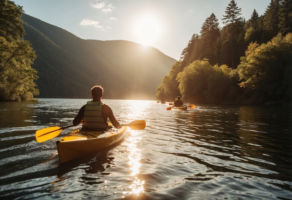 The sun glistens on the calm river as kayakers paddle along the scenic waterfront, while nearby, a group of friends enjoy a thrilling ride on a speedboat