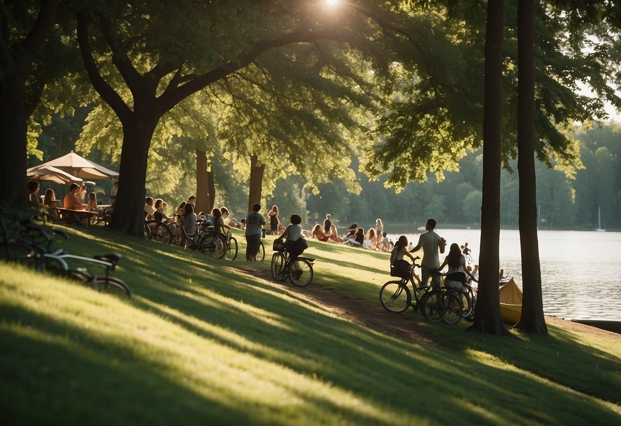 Lush green park with people picnicking, playing frisbee, and lounging in hammocks. Bicycles and kayaks are available for rent. A serene lake is surrounded by walking trails and shaded seating areas