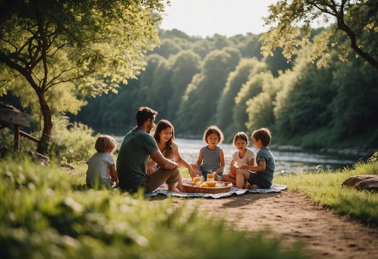 A family and kids enjoying a picnic in a lush green park with a playground, hiking trails, and a flowing river