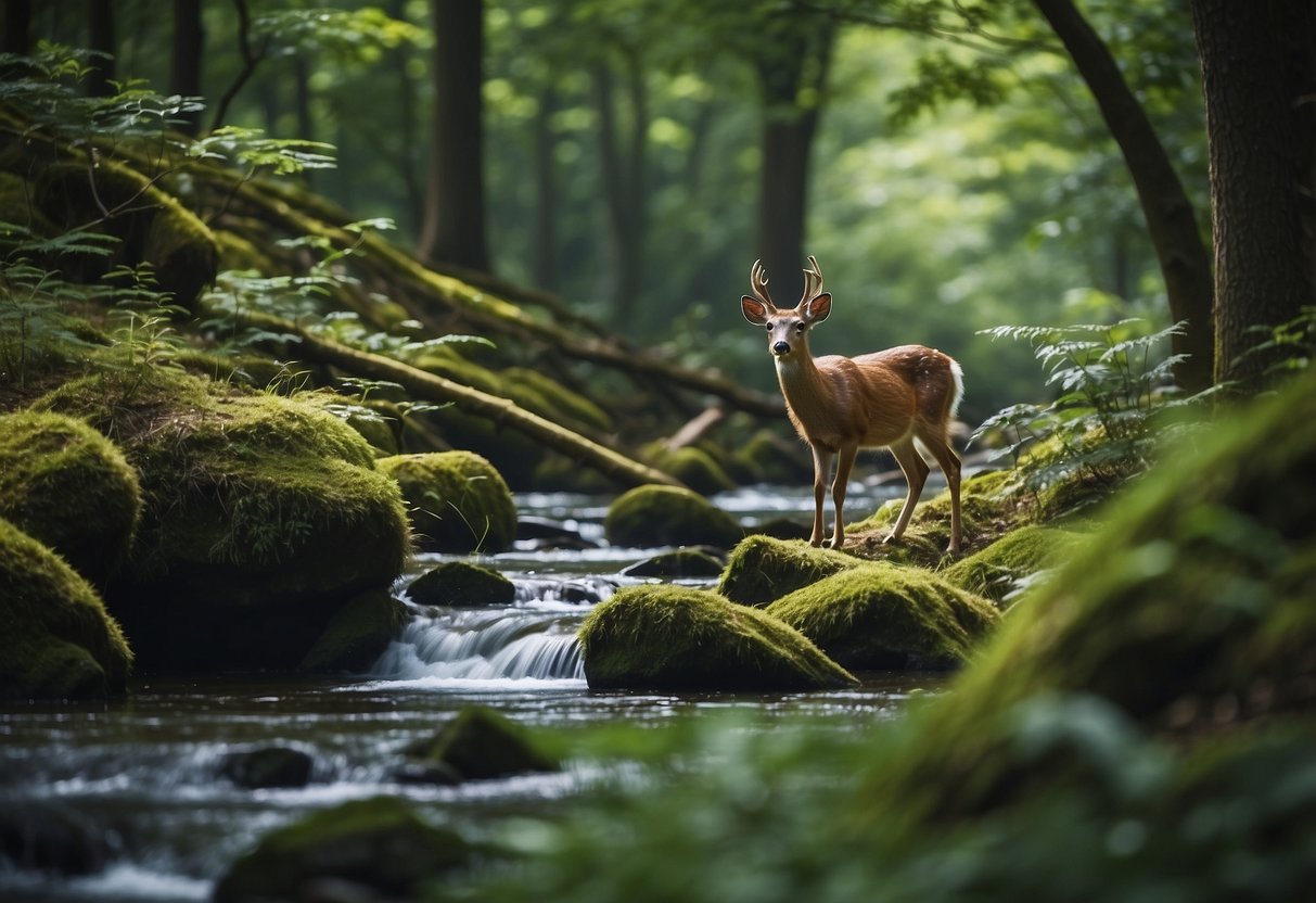 A serene forest with lush green trees, a flowing river, and various wildlife such as deer, birds, and squirrels roaming freely