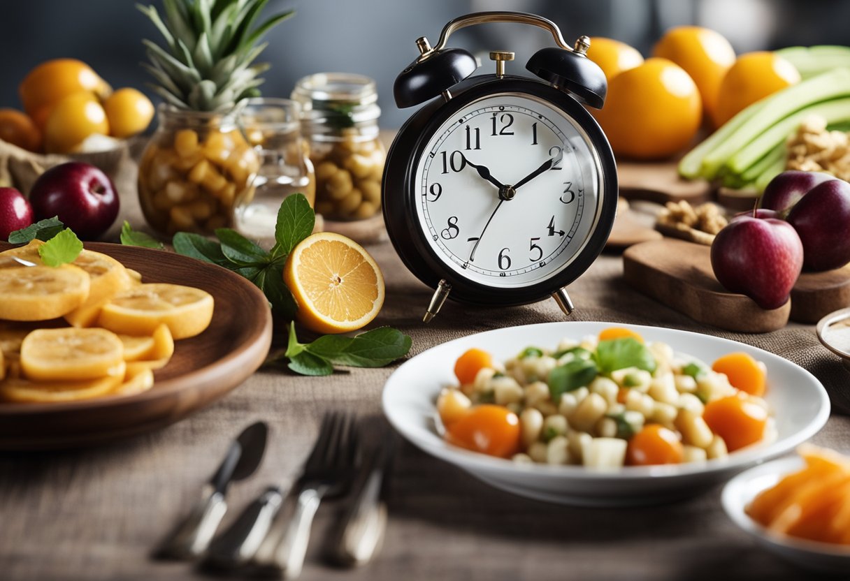 A table set with heart-healthy foods, a clock showing limited eating times