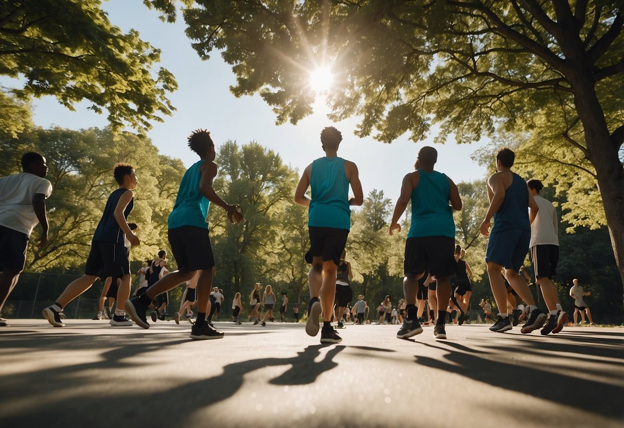 A group of people are playing basketball on a court surrounded by green trees and a bright blue sky. Nearby, others are jogging on a trail, and a few are doing yoga in a grassy area