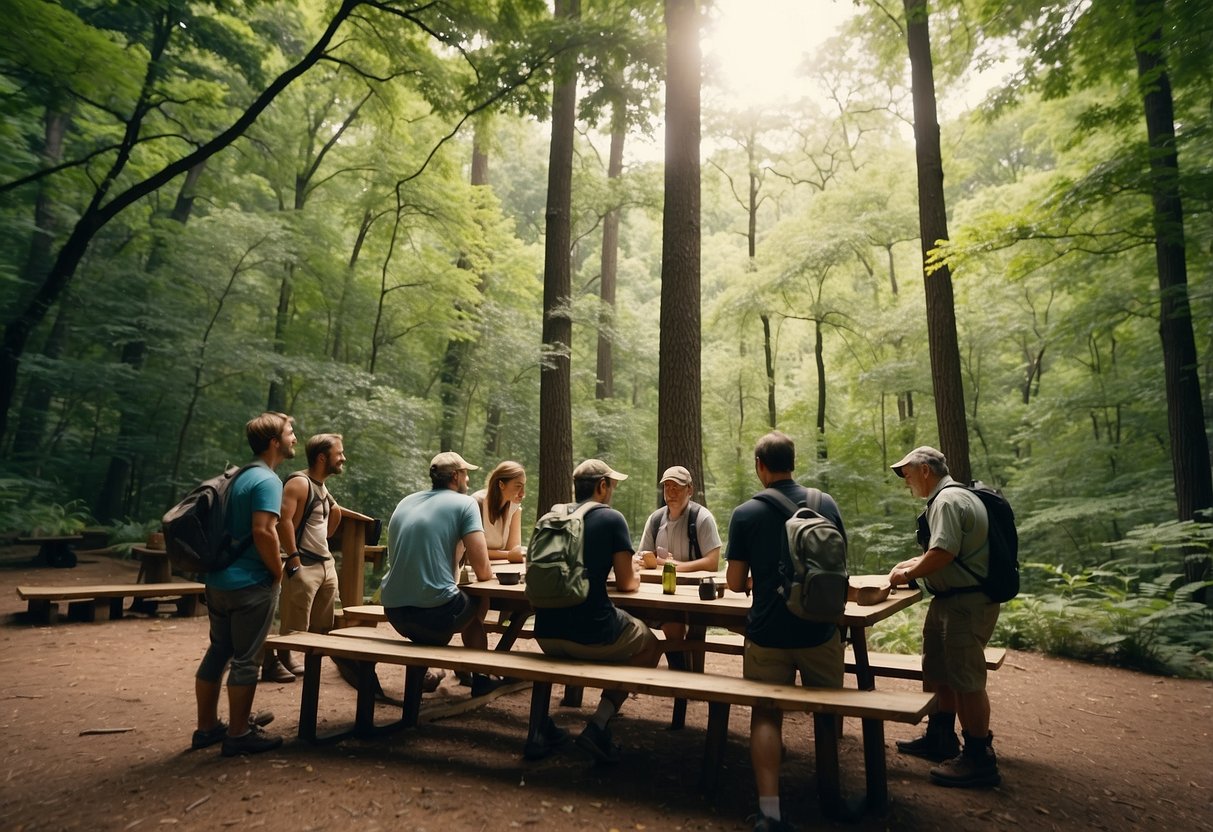 Hikers gather at a trailhead, surrounded by lush greenery and tall trees. A map is spread out on a picnic table as they plan their route through the scenic landscape of Memphis