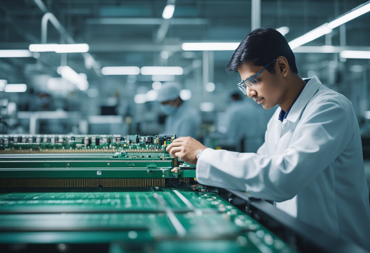 A technician assembles PCB components on a conveyor belt in an Indian electronics manufacturing facility