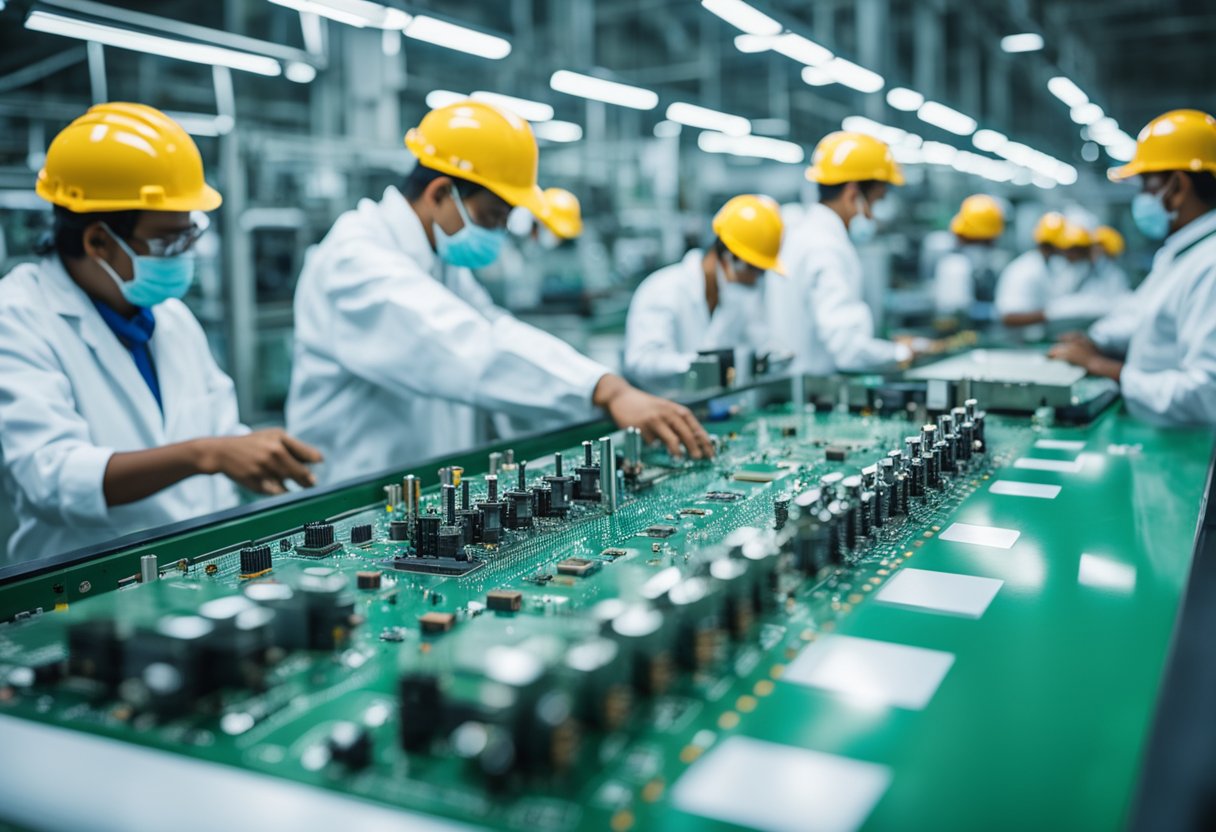 Multiple PCB assembly machines in a large Indian factory, with workers overseeing the process