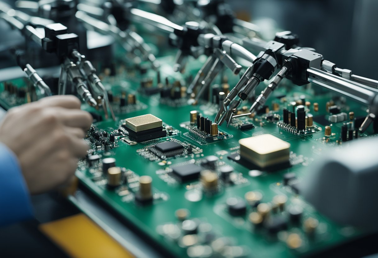 Electronic components arranged on a PCB, being soldered by robotic arms in a manufacturing facility in Belgium