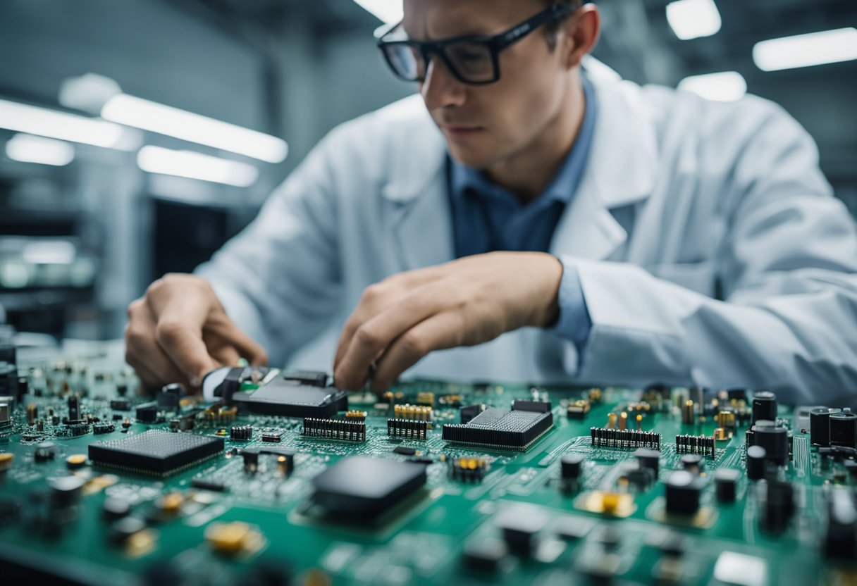 A technician carefully places electronic components onto a printed circuit board in a clean and organized assembly area in Belgium