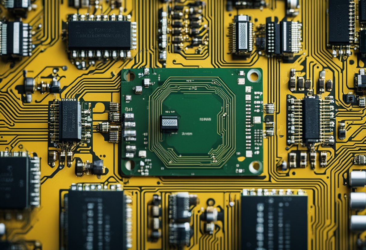 Components arranged on a circuit board, being inspected for quality and alignment