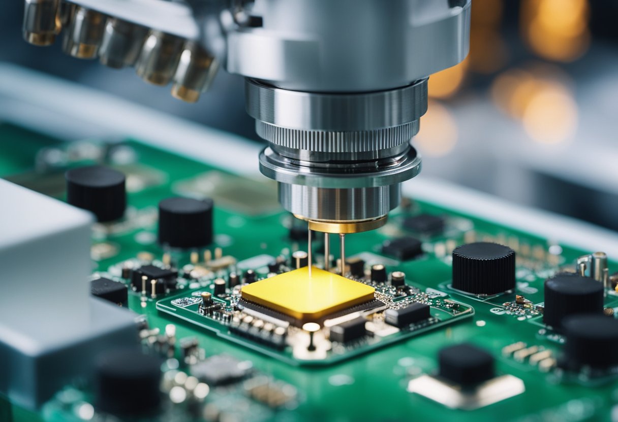 Various electronic components are being placed and soldered onto a printed circuit board (PCB) by robotic machines in a manufacturing facility