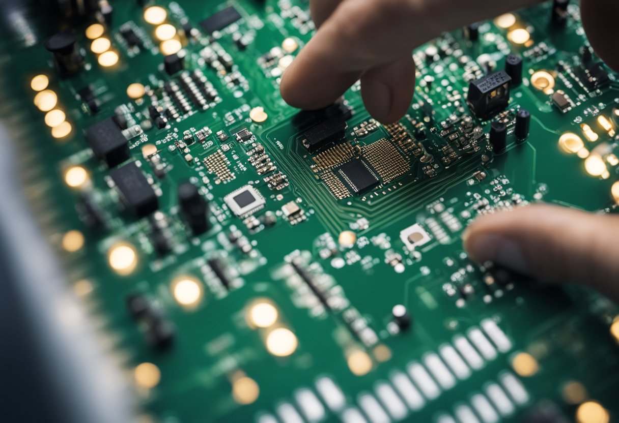 PCB assembly review: Engineer checks DFM guidelines. Components fit snugly, traces are clear. Quality control ensures smooth manufacturing process