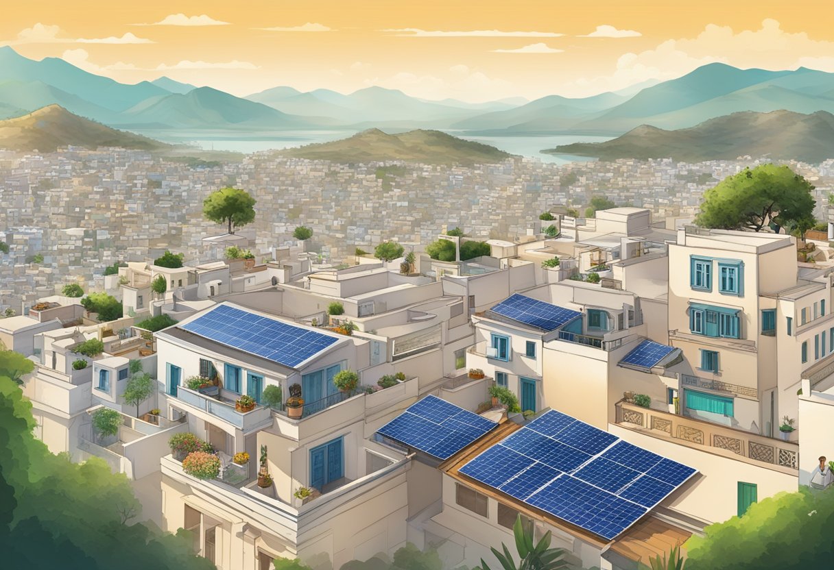 A panoramic view of Udaipur with a list of top rooftop solar dealers displayed prominently. The cityscape includes iconic landmarks and a clear sky