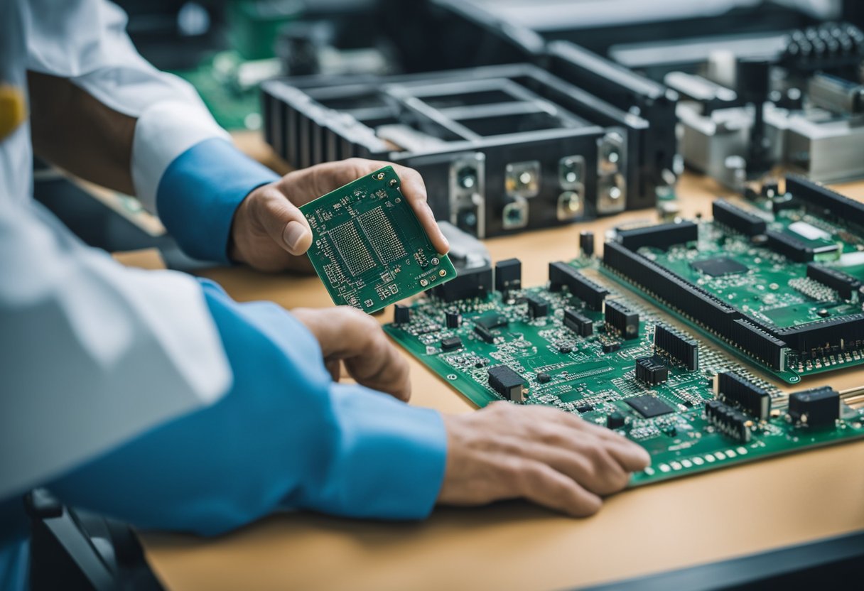 An engineer selects materials for PCB assembly, following design guidelines