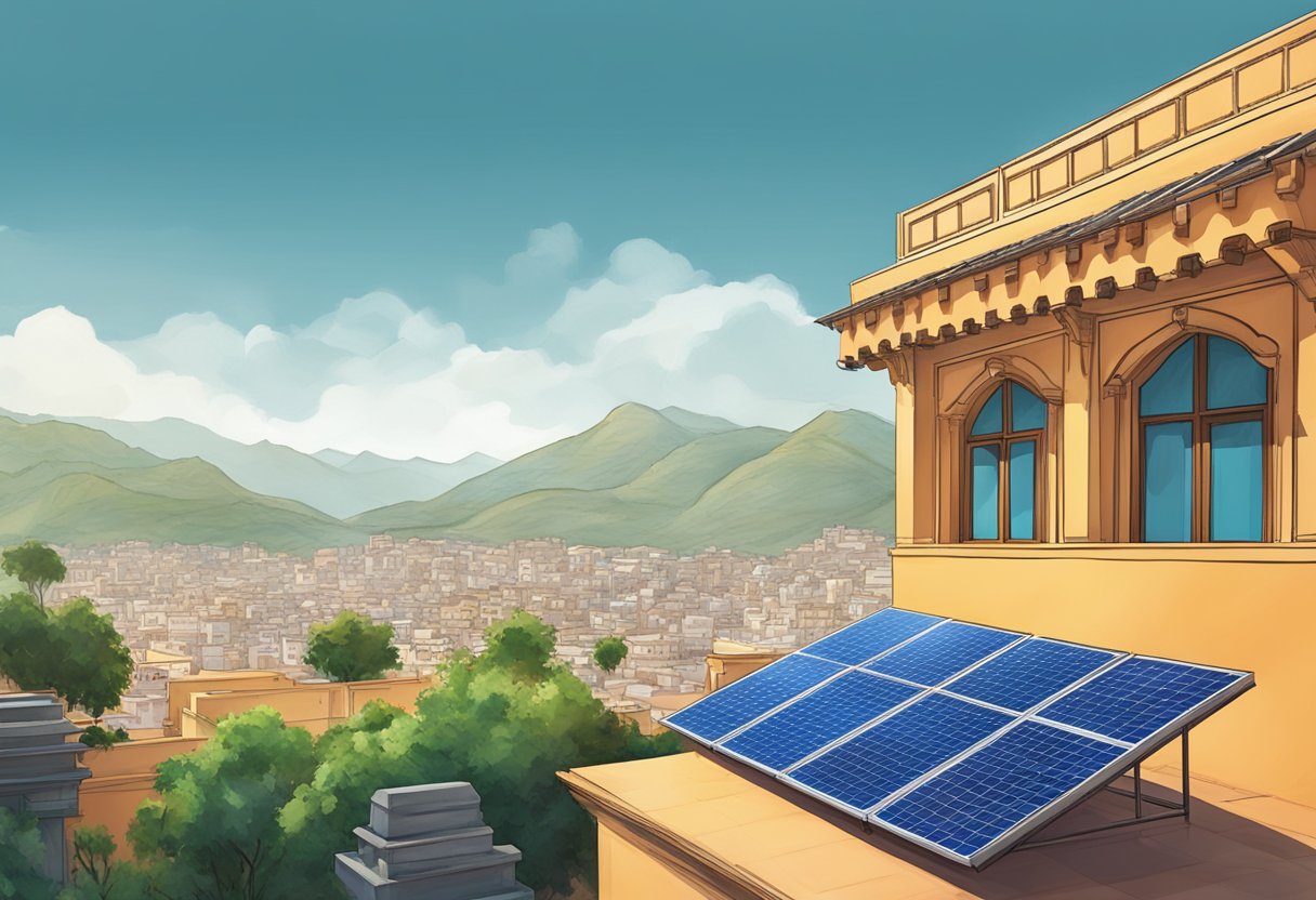 A rooftop in Udaipur adorned with solar panels, surrounded by the cityscape and mountains in the distance