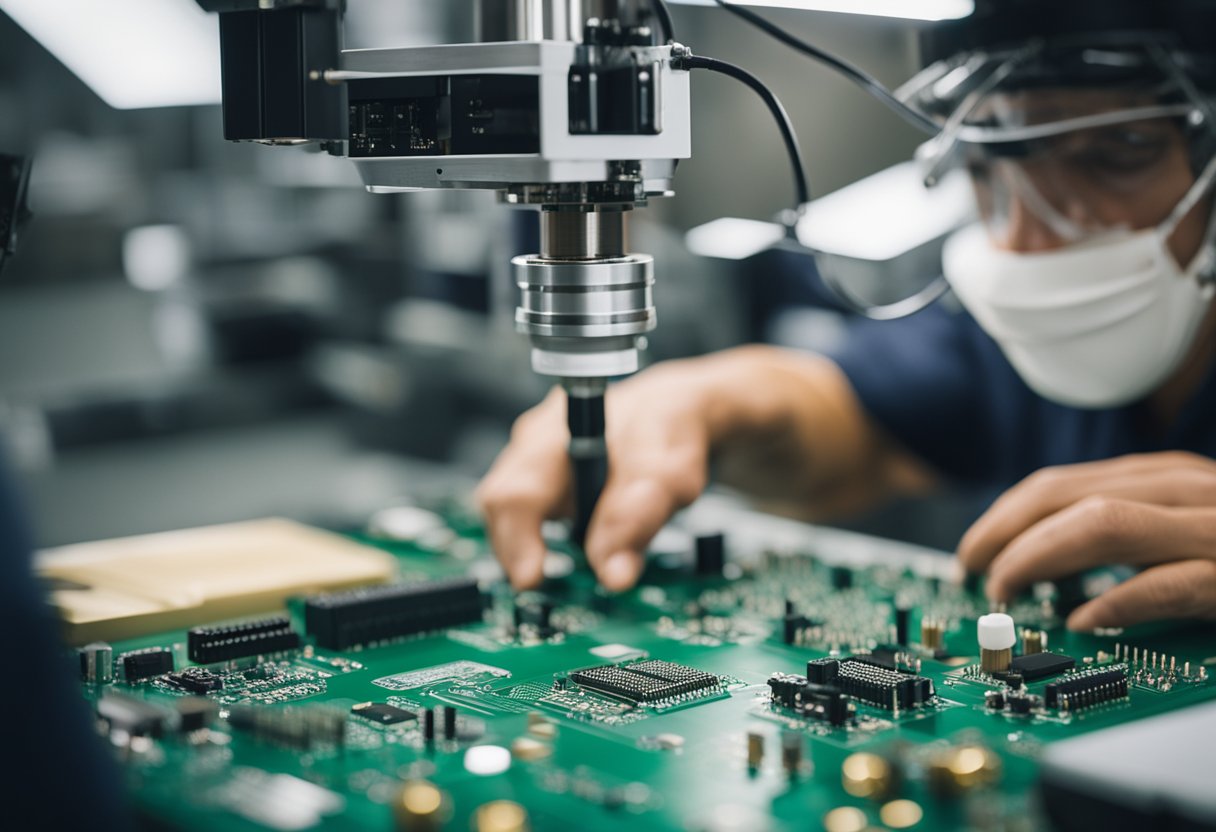 PCB components being placed, soldered, inspected, and tested in a manufacturing environment