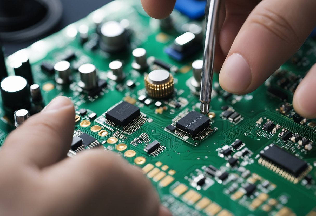 Components being placed on a circuit board, soldered, and inspected for quality during the PCB assembly process