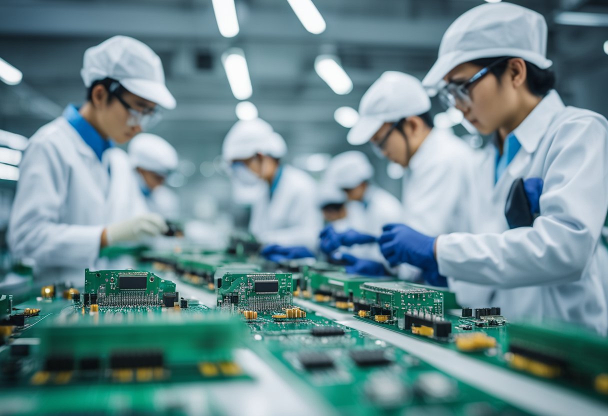 Multiple workers at a PCB assembly line in Thailand, soldering components onto circuit boards with precision and focus
