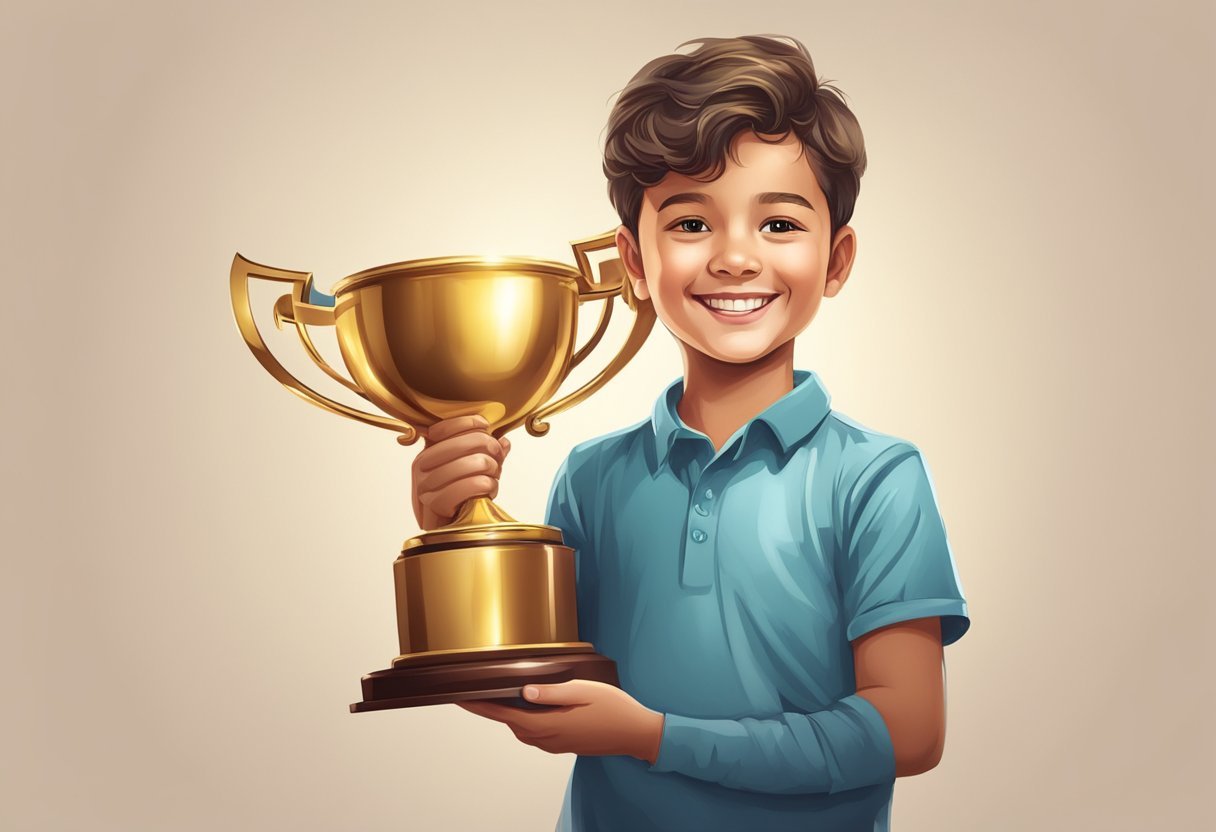 A child holding a trophy with a proud smile