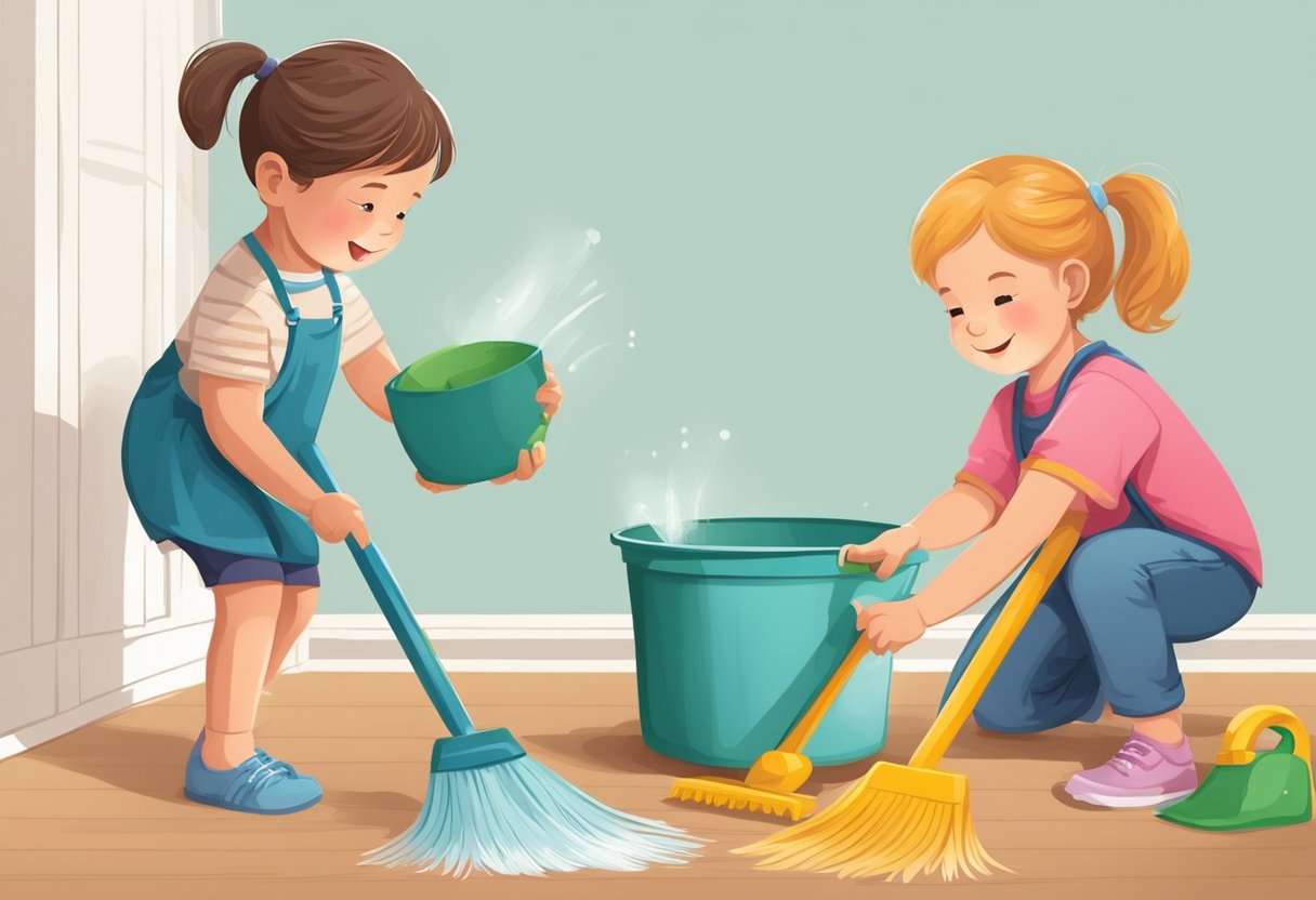 Children doing household chores happily