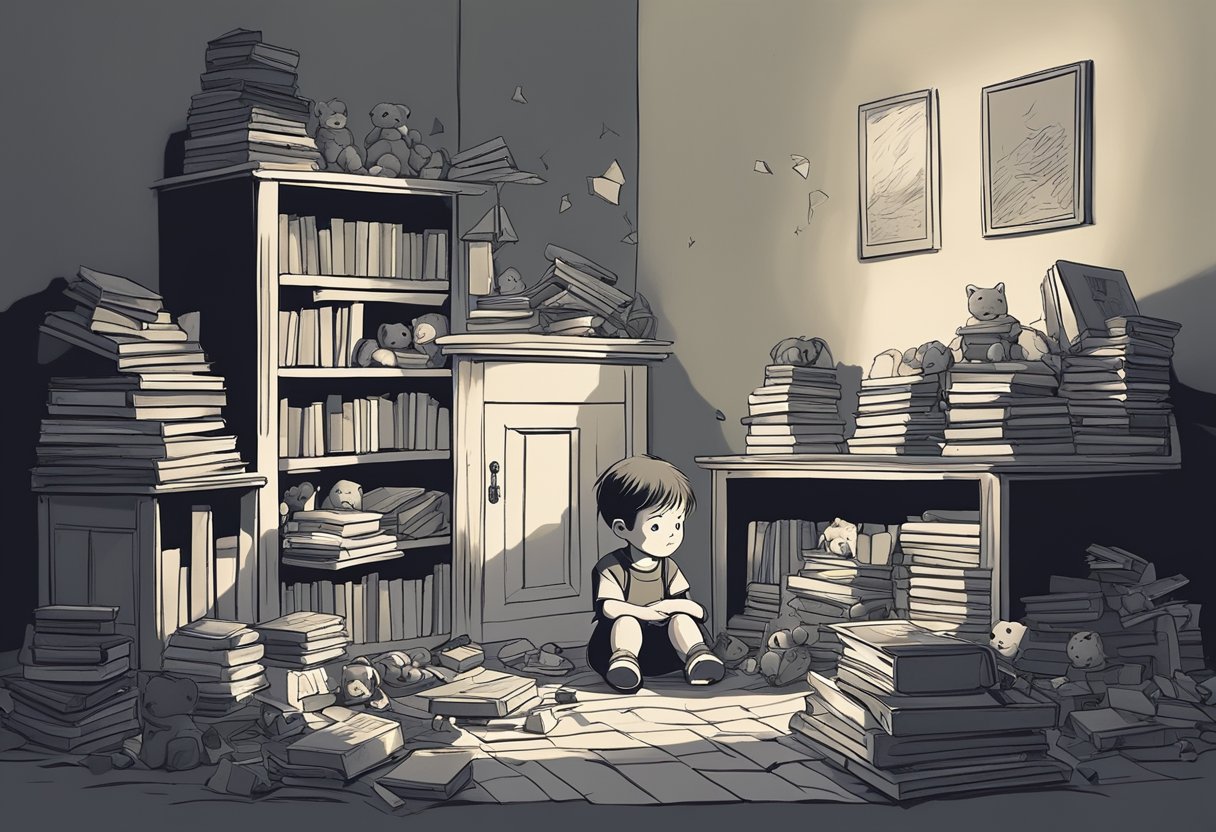 A child sits alone in a dark room, surrounded by broken toys and neglected books. A shadow looms over them, representing the weight of unfulfilled rights and responsibilities