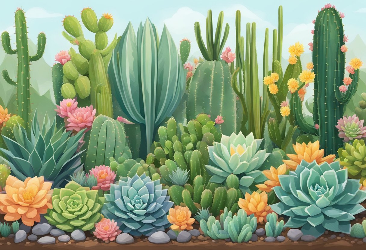 A variety of succulents and cacti arranged in a garden landscape, with different shapes, sizes, and colors