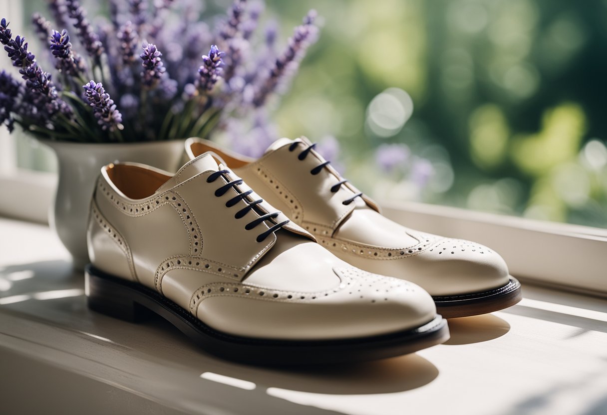 A pair of shoes placed on a sunny windowsill, surrounded by fresh lavender and baking soda to eliminate odors