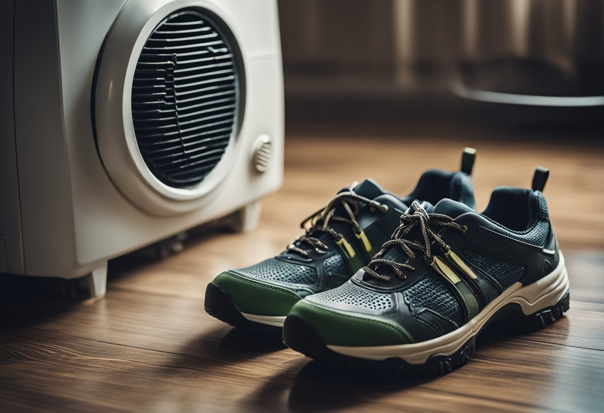 A pair of wet shoes placed near a fan and a dehumidifier to quickly dry