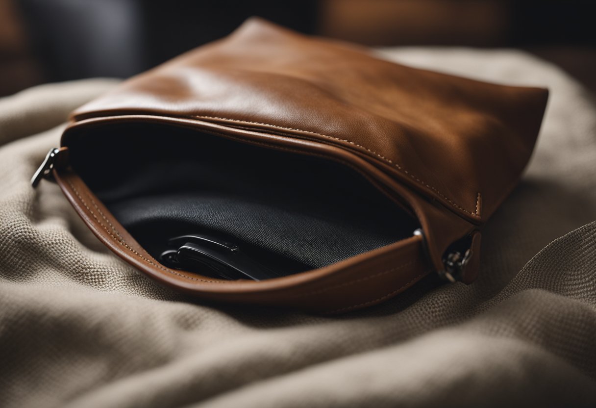 A leather bag being wiped clean with a soft cloth, removing dirt and stains