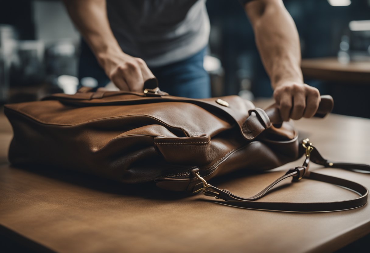 A leather bag being wiped clean with a soft cloth, removing dirt and restoring its luster