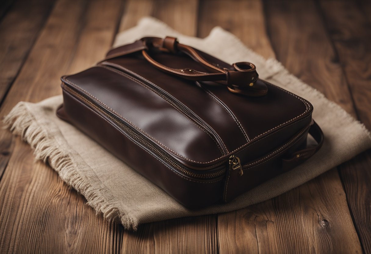 A leather bag being wiped with a soft cloth, using gentle, circular motions to remove dirt and dust