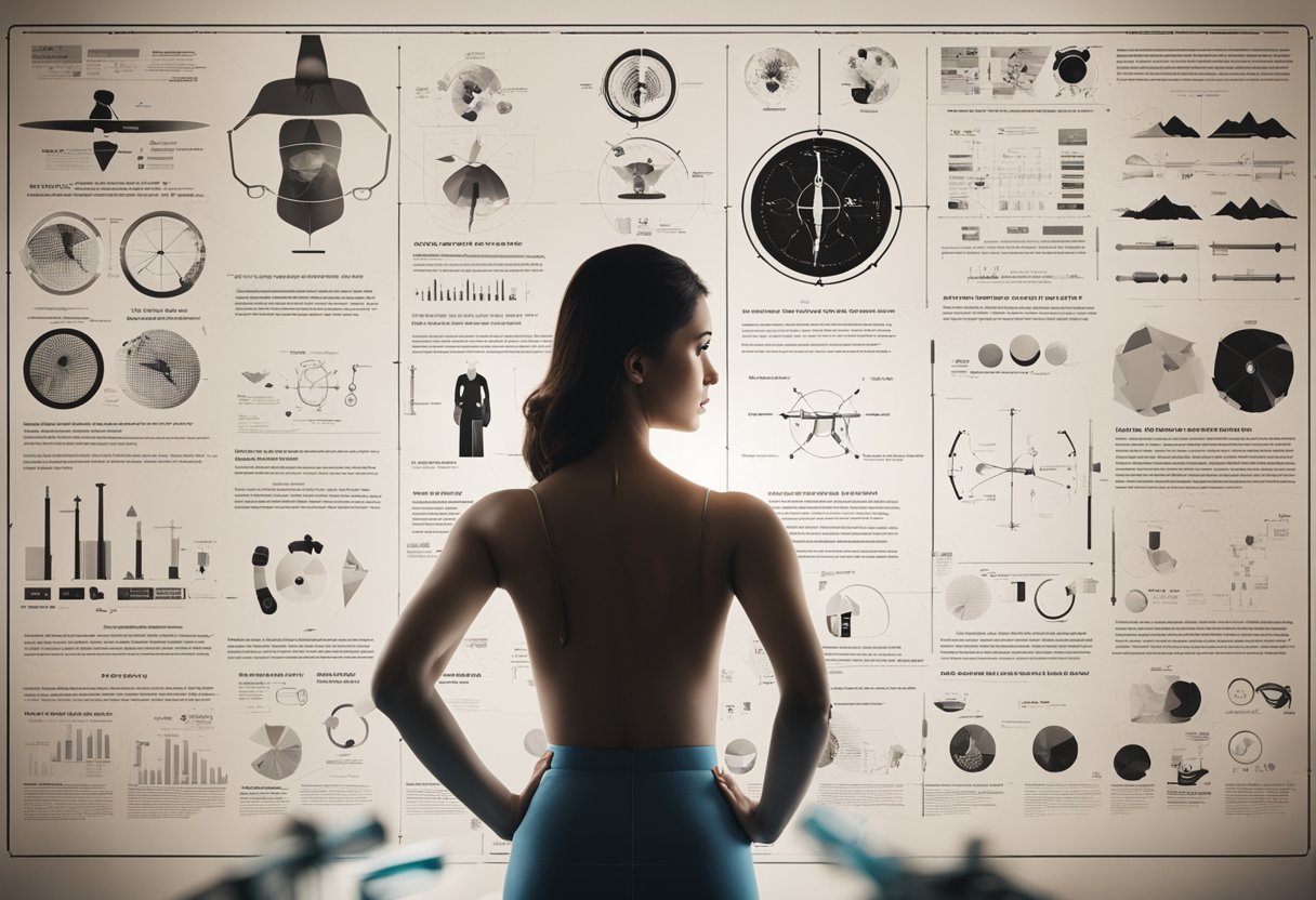 A woman's silhouette with one breast larger than the other, surrounded by medical diagrams and surgical tools