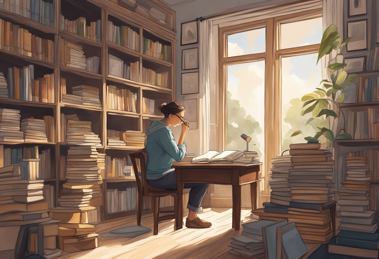 A person sits in front of a mirror, deep in thought. They are surrounded by books and journals, with a pen in hand. The room is quiet, with soft natural light streaming in through the window