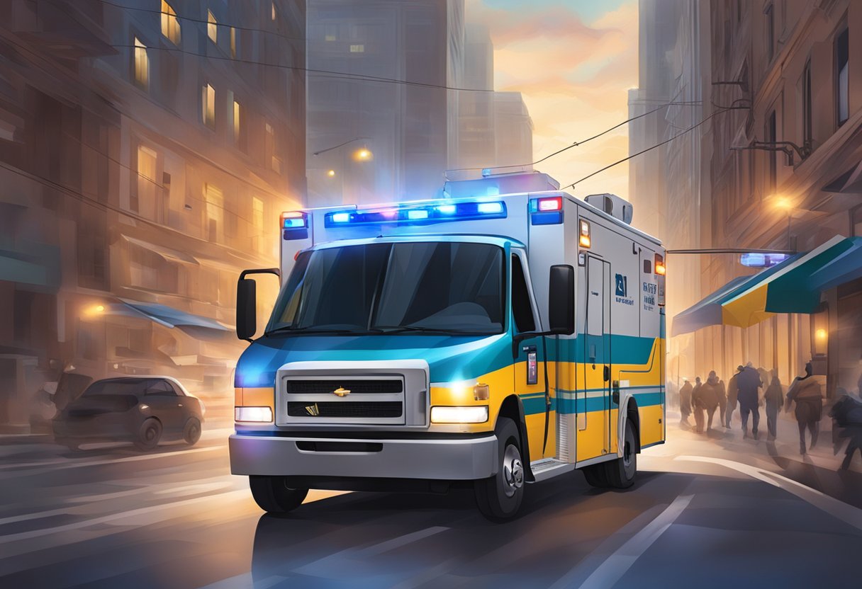 A mobile ICU unit rushing through city streets with flashing lights and blaring sirens