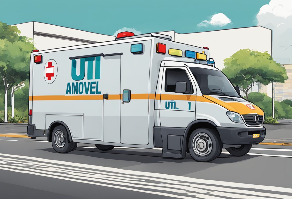 An ambulance with "UTI Móvel" written on the side, driving through the streets of Brasília