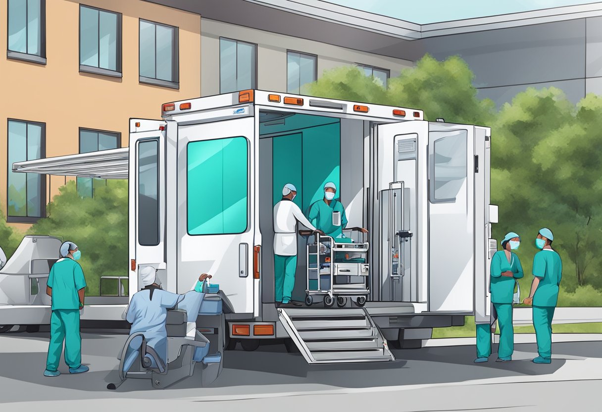 A mobile ICU unit parked outside a hospital, with medical staff unloading equipment and preparing to transfer a patient