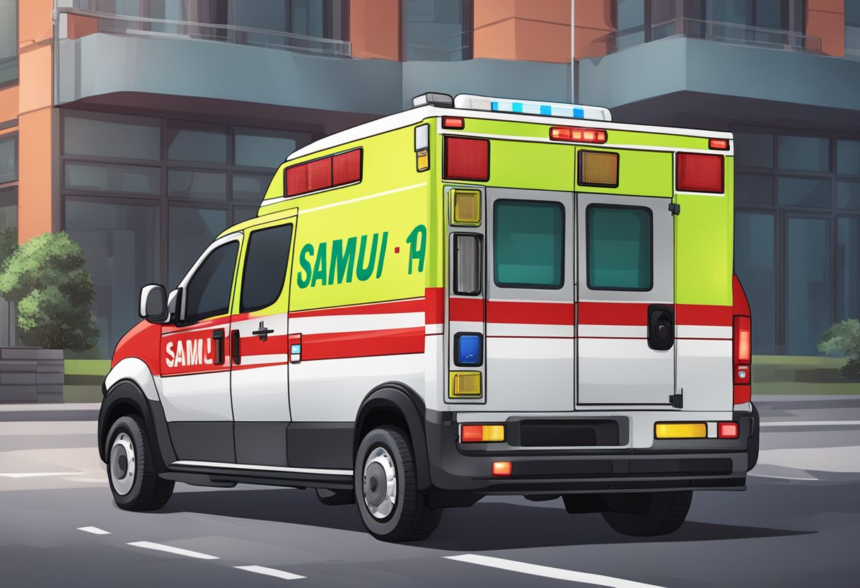 A red and white ambulance with "SAMU 192" written on the side, parked outside a building with emergency lights flashing