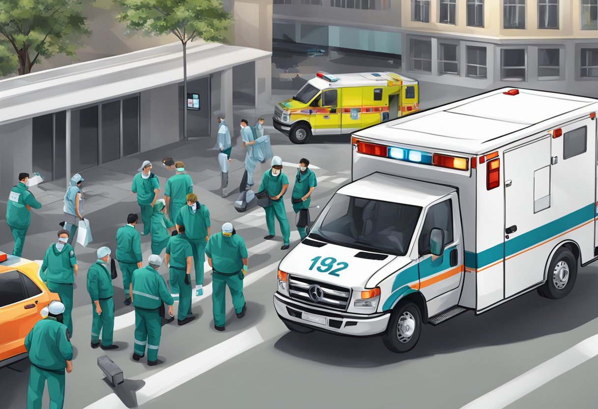 Emergency protocol scene: ambulance with 192 number, medical equipment, and personnel in action