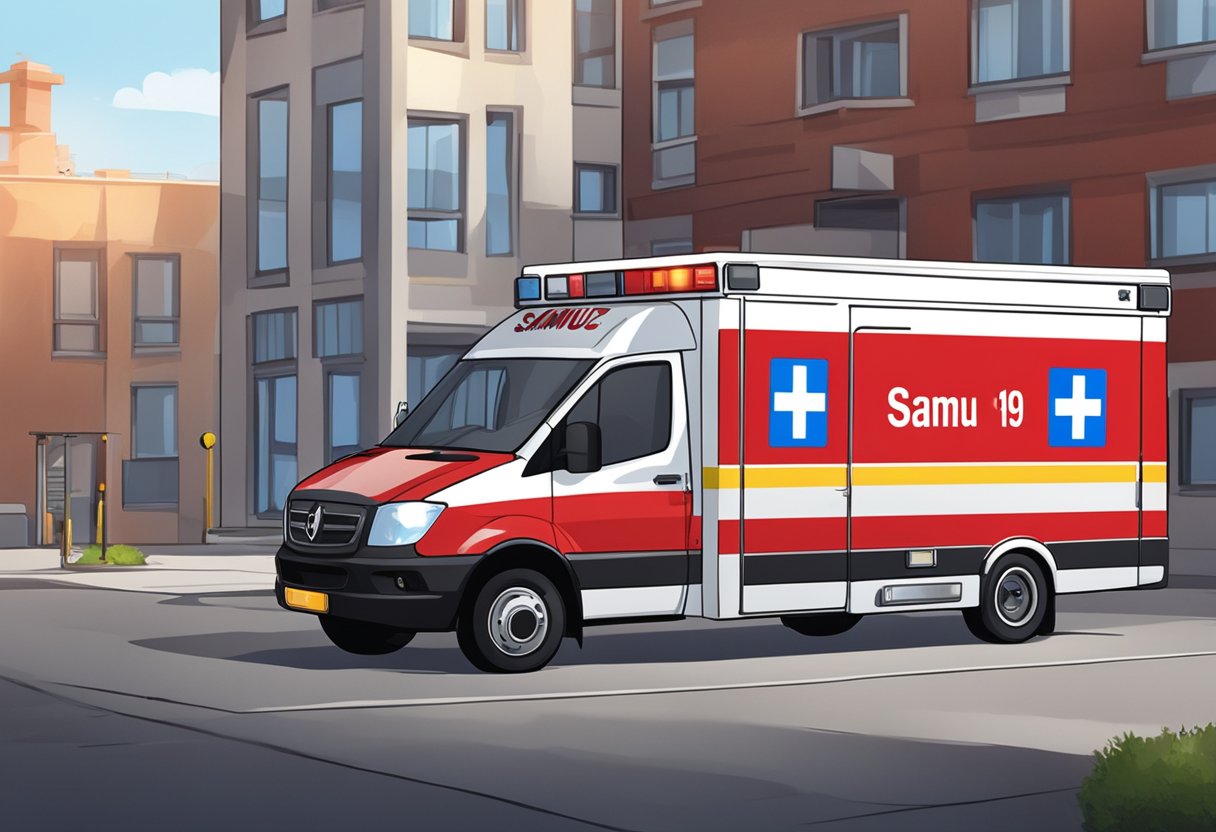 A red and white ambulance with "SAMU 192" on its side, parked outside a building with emergency lights flashing